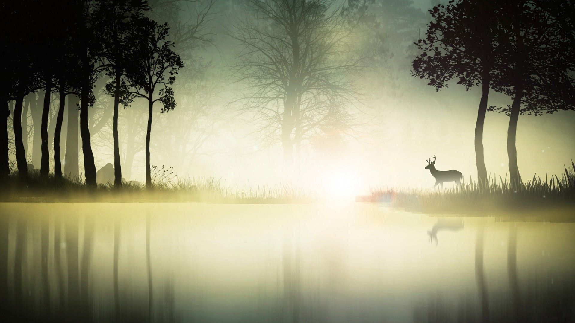 digital Art, Fantasy Art, Animals, Deer, Nature, Landscape, Trees, Water, Mist, Silhouette, Reflection Wallpaper