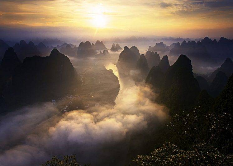 nature, Landscape, Sunrise, Mist, Mountains, River, Shrubs, Sky, Town, Road, Guilin, China HD Wallpaper Desktop Background