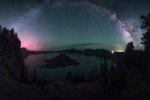nature, Landscape, Starry Night, Milky Way, Crater Lake, Trees, Lights, Long Exposure, Oregon