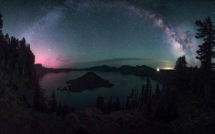 nature, Landscape, Starry Night, Milky Way, Crater Lake, Trees, Lights, Long Exposure, Oregon HD Wallpaper Desktop Background