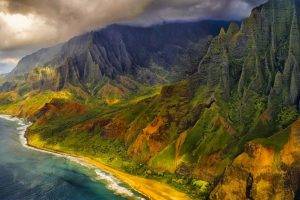 nature, Landscape, Aerial View, Mountains, Beach, Sea, Cliff, Clouds, Coast, Island, Kauai, Hawaii