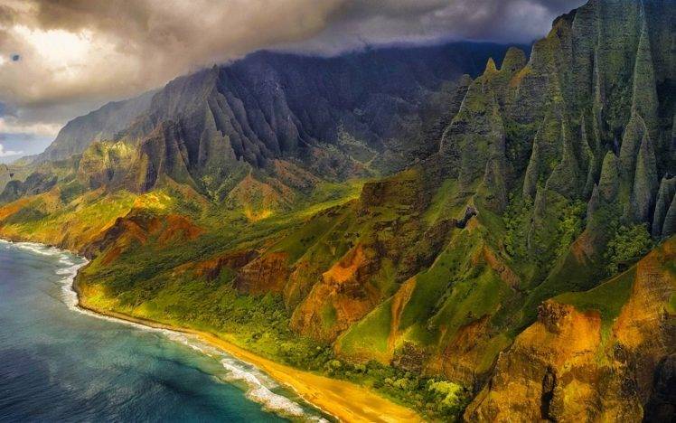 nature, Landscape, Aerial View, Mountains, Beach, Sea, Cliff, Clouds, Coast, Island, Kauai, Hawaii HD Wallpaper Desktop Background