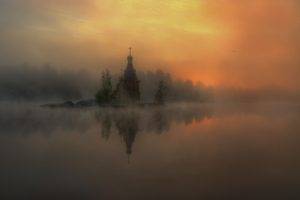 landscape, Nature, Mist, River, Sunrise, Church, Reflection, Sunlight, Russia