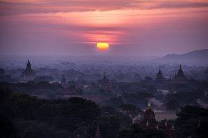 landscape, Nature, Sunrise, Mist, Clouds, Sky, Temple, Buddhism, Trees, Valley, Bagan, Myanmar