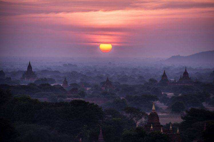 landscape, Nature, Sunrise, Mist, Clouds, Sky, Temple, Buddhism, Trees, Valley, Bagan, Myanmar HD Wallpaper Desktop Background