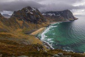 landscape, Nature, Beach, Sand, Sea, Mountains, Clouds, Lofoten Islands, Norway