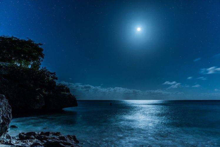 landscape, Nature, Caribbean, Sea, Starry Night, Moon, Moonlight, Island, Beach, Blue HD Wallpaper Desktop Background