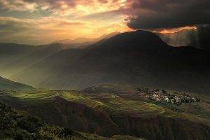 landscape, Nature, Sunrise, Village, Mountains, Terraces, Rice, Sun Rays, Clouds, Sky, Sunlight, Field, China