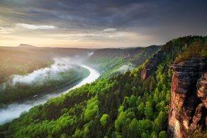 landscape, Nature, River, Canyon, Forest, Mist, Cliff, Clouds, Sunset, Spring, Czech Republic