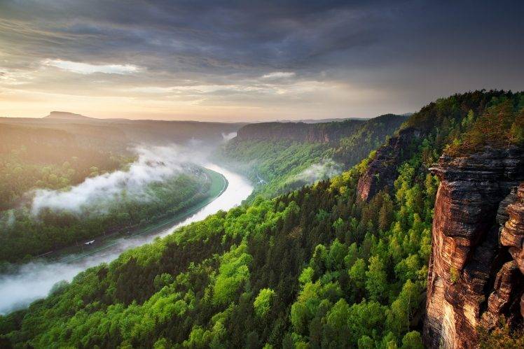 landscape, Nature, River, Canyon, Forest, Mist, Cliff, Clouds, Sunset, Spring, Czech Republic HD Wallpaper Desktop Background