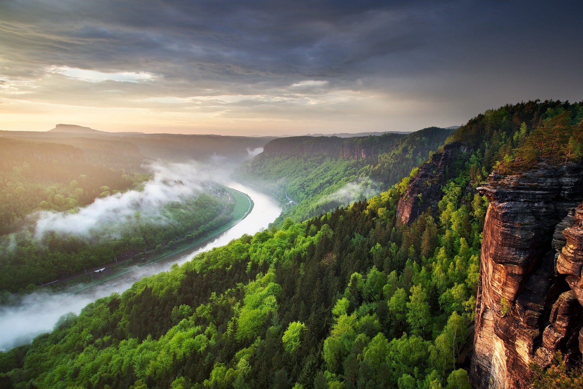Landscape Nature River Canyon Forest Mist Cliff Clouds Sunset Spring Czech Republic