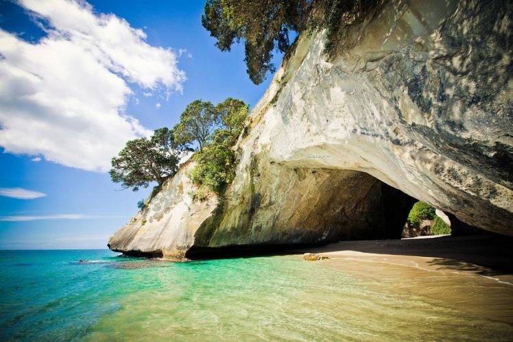 nature, Landscape, Photography, Cave, Rock, Trees, Beach, Sea, Sand, Clouds, New Zealand HD Wallpaper Desktop Background