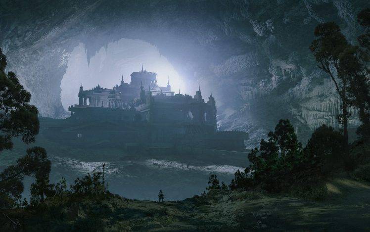 Espen Saetervik, Fantasy Art, Cave, Nature, Trees, Building, Castle HD Wallpaper Desktop Background