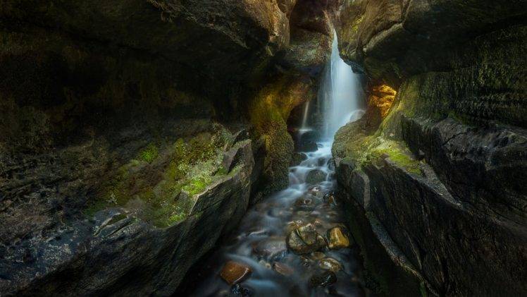 nature, Landscape, Waterfall, Gorge, Moss, Canyon, Long Exposure, Scotland HD Wallpaper Desktop Background