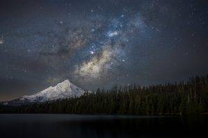 nature, Landscape, Snowy Peak, Forest, Lake, Starry Night, Milky Way, Mountains, Galaxy, Long Exposure, Mount Hood, Oregon