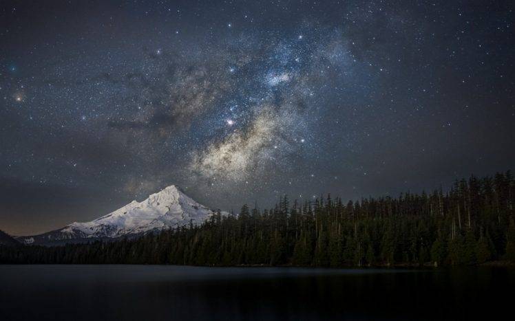 nature, Landscape, Snowy Peak, Forest, Lake, Starry Night, Milky Way, Mountains, Galaxy, Long Exposure, Mount Hood, Oregon HD Wallpaper Desktop Background