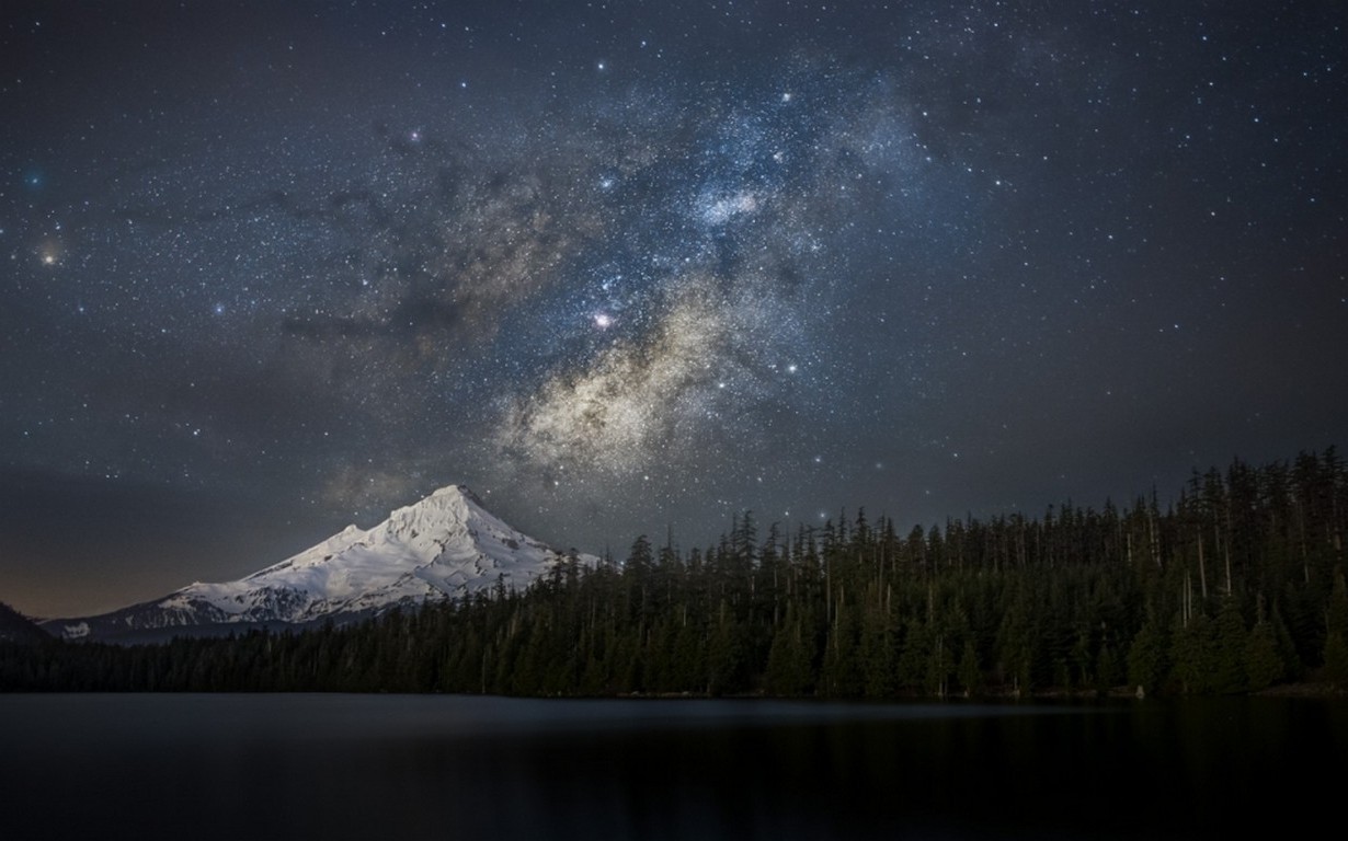 nature, Landscape, Snowy Peak, Forest, Lake, Starry Night, Milky Way, Mountains, Galaxy, Long Exposure, Mount Hood, Oregon Wallpaper