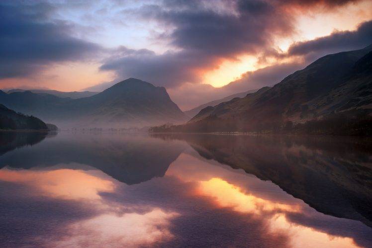 nature, Landscape, Winter, Sunset, Mountains, Lake, Reflection, Clouds, Sky, Sunlight, UK HD Wallpaper Desktop Background