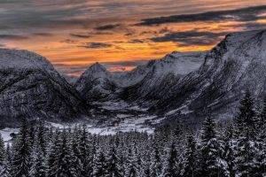 landscape, Nature, Winter, Sunset, Valley, Forest, Mountains, Pine Trees, Snow, Clouds, Sky