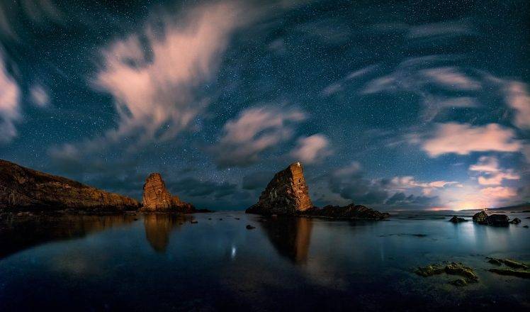 landscape, Nature, Starry Night, Rock, Sea, Coast, Clouds, Calm, Long Exposure, Bulgaria HD Wallpaper Desktop Background