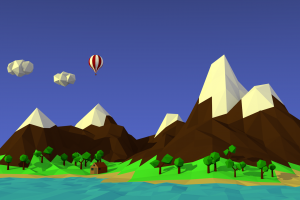 low Poly, Landscape, Mountains, Hot Air Balloons