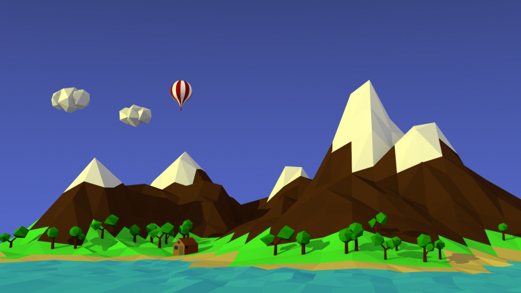 low Poly, Landscape, Mountains, Hot Air Balloons HD Wallpaper Desktop Background