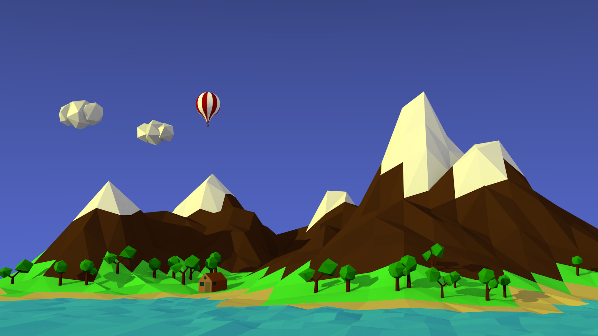 low Poly, Landscape, Mountains, Hot Air Balloons Wallpaper