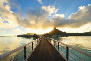 nature, Landscape, Beach, Walkway, Resort, Tropical, Sunset, Island, Bungalow, Sea, Clouds, Bora Bora, French Polynesia