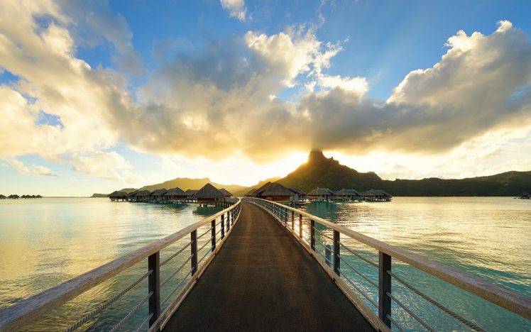 nature, Landscape, Beach, Walkway, Resort, Tropical, Sunset, Island, Bungalow, Sea, Clouds, Bora Bora, French Polynesia HD Wallpaper Desktop Background