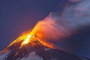nature, Volcano, Eruption, Lava, Starry Night, Snowy Peak, Smoke, Long Exposure, Chile