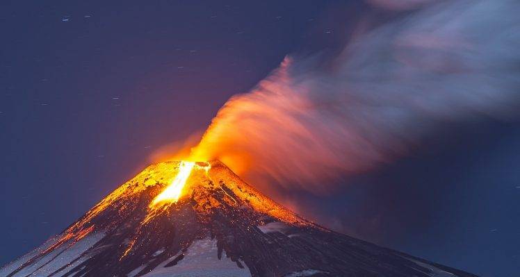 nature, Volcano, Eruption, Lava, Starry Night, Snowy Peak, Smoke, Long Exposure, Chile HD Wallpaper Desktop Background
