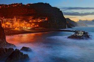 nature, Landscape, Photography, Bay, Beach, Island, Sea, City, Architecture, Lights, Evening, Cliff, Madeira, Portugal