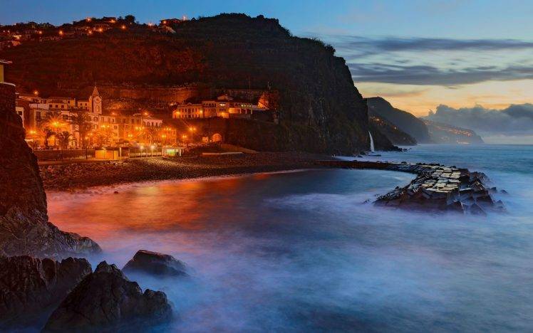 nature, Landscape, Photography, Bay, Beach, Island, Sea, City, Architecture, Lights, Evening, Cliff, Madeira, Portugal HD Wallpaper Desktop Background