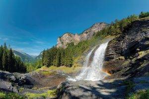 nature, Landscape, Waterfall, Rainbows, Forest, Mountains, Cliff, Summer, Alps, France