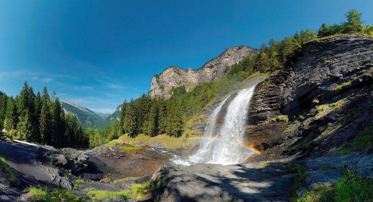 nature, Landscape, Waterfall, Rainbows, Forest, Mountains, Cliff, Summer, Alps, France HD Wallpaper Desktop Background