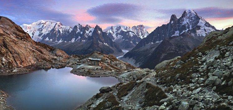 nature, Landscape, Mountains, Snowy Peak, Glaciers, Hut, Lake, Sunset HD Wallpaper Desktop Background