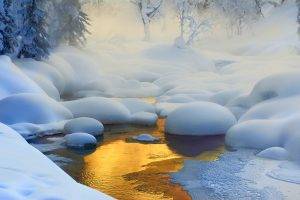 nature, Landscape, Creeks, Sunrise, Forest, Snow, Frost, Mist, Cold, Trees, Siberia, Russia