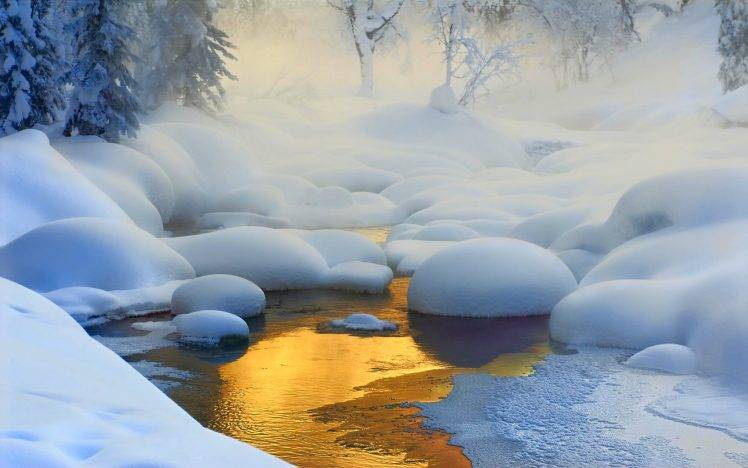 nature, Landscape, Creeks, Sunrise, Forest, Snow, Frost, Mist, Cold, Trees, Siberia, Russia HD Wallpaper Desktop Background