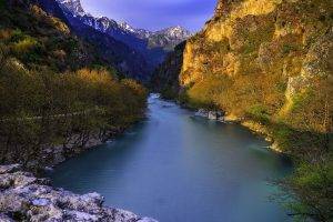 nature, Landscape, River, Mountains, Trees, Shrubs, Blue, Water, Sunlight, Greece