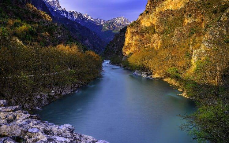 nature, Landscape, River, Mountains, Trees, Shrubs, Blue, Water, Sunlight, Greece HD Wallpaper Desktop Background