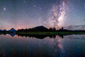 nature, Landscape, Starry Night, Milky Way, Lake, Reflection, Mountains, Long Exposure