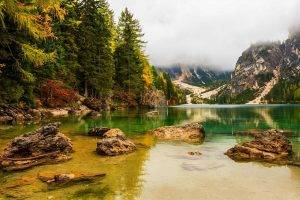 nature, Landscape, Lake, Mountains, Forest, Overcast, Fall, Trees, Alps