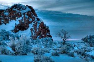 nature, Landscape, Winter, Sunset, Snow, Rock, Shrubs, Arches National Park