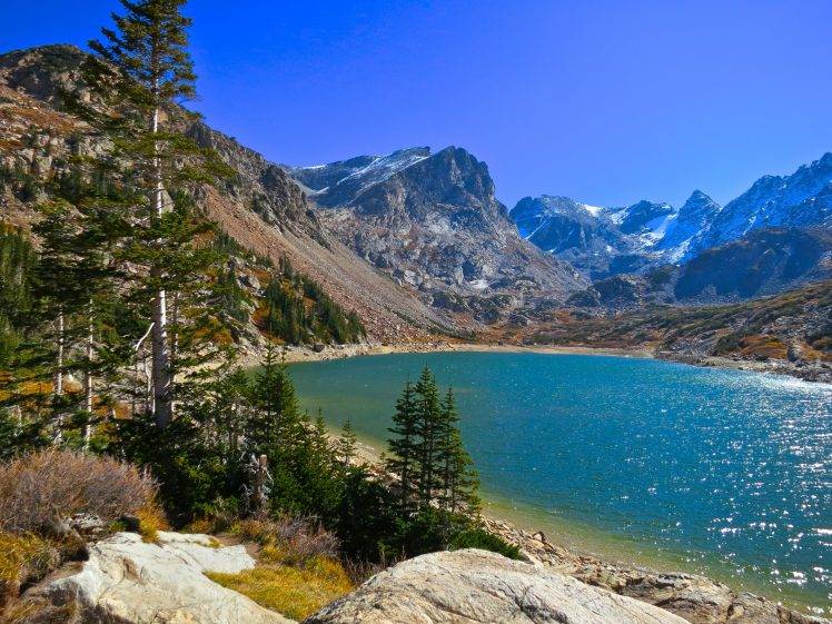 nature, Landscape, Mountains, Lake, Trees, Snowy Peak, Colorado HD Wallpaper Desktop Background