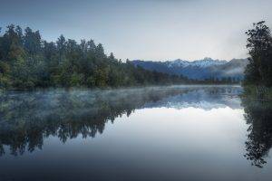 landscape, Nature, Lake, Forest, Mountains, Snowy Peak, Mist, Sunrise, Calm, Reflection, Trees, New Zealand