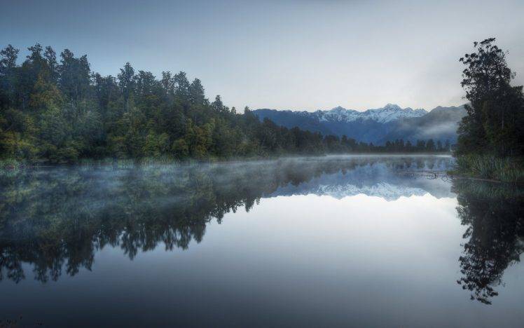 landscape, Nature, Lake, Forest, Mountains, Snowy Peak, Mist, Sunrise, Calm, Reflection, Trees, New Zealand HD Wallpaper Desktop Background