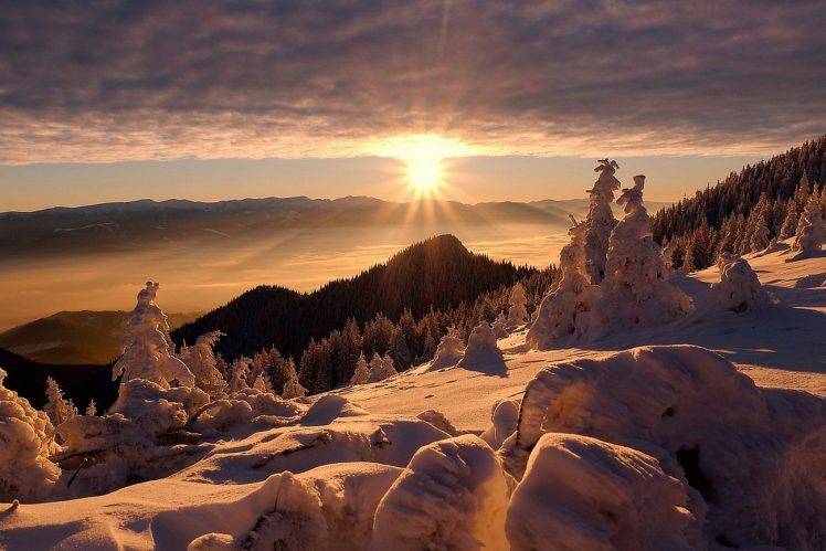 landscape, Nature, Sunset, Forest, Snow, Winter, Sunlight, Clouds, Mist, Hills, Cold HD Wallpaper Desktop Background