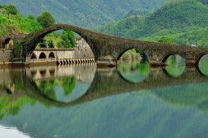 nature, Landscape, Architecture, Italy, Bridge, Old Bridge, Arch, Trees, Forest, Hills, Old Building, Water, Lake, Reflection