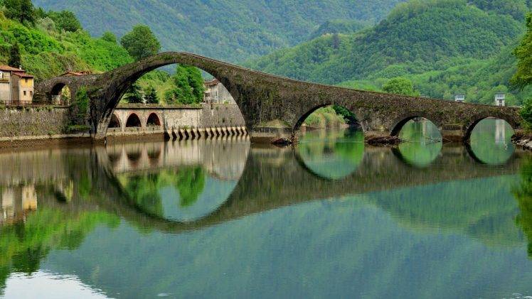 nature, Landscape, Architecture, Italy, Bridge, Old Bridge, Arch, Trees, Forest, Hills, Old Building, Water, Lake, Reflection HD Wallpaper Desktop Background