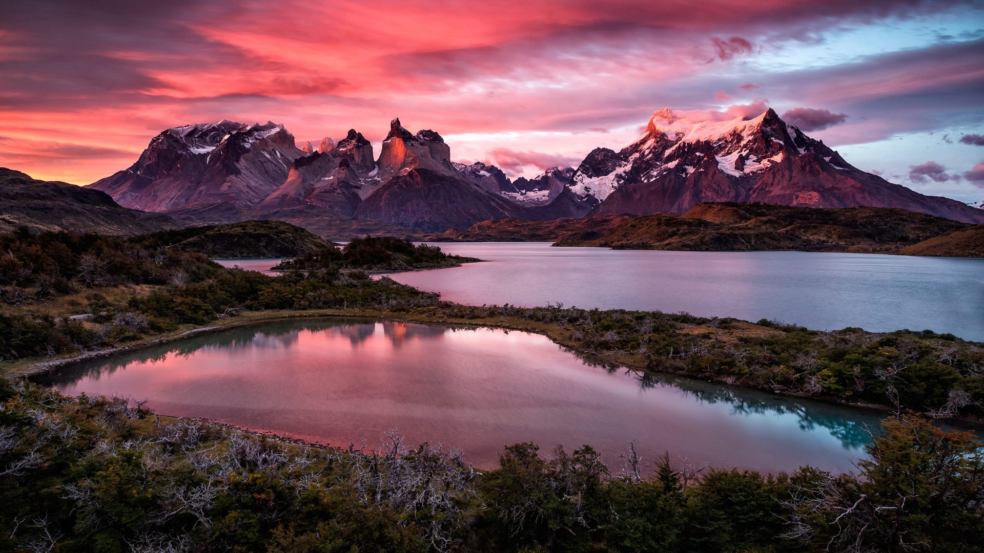 nature, Landscape, Mountains, Trees, Forest, Snowy Peak, Water, Lake, Sunset, Clouds, Reflection Wallpaper